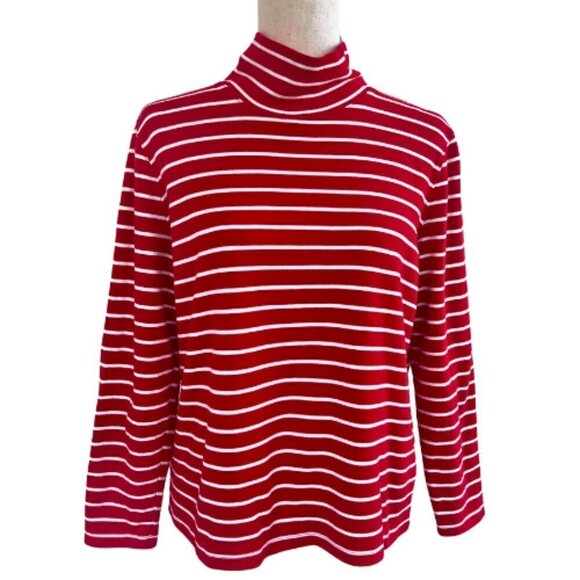 LANDS END Striped Red White Knit Turtleneck Size L - Picture 2 of 15